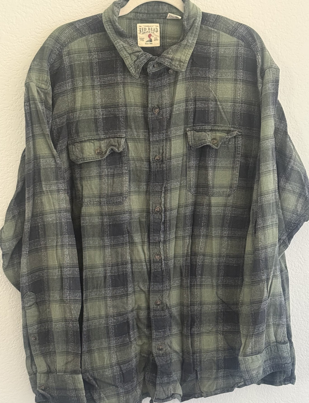 Red Head Shirt Mens Green Button-Down Shirt Plaid Flannel Cabincore - 2XL